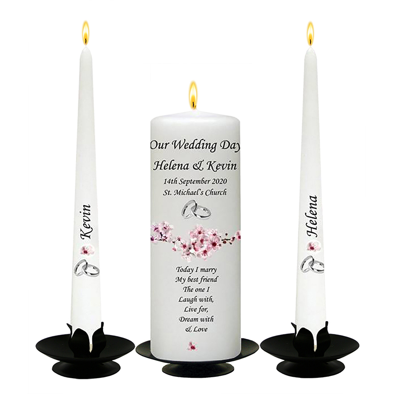 Customised Wedding Candles - Blossom Flowers & Silver Rings
